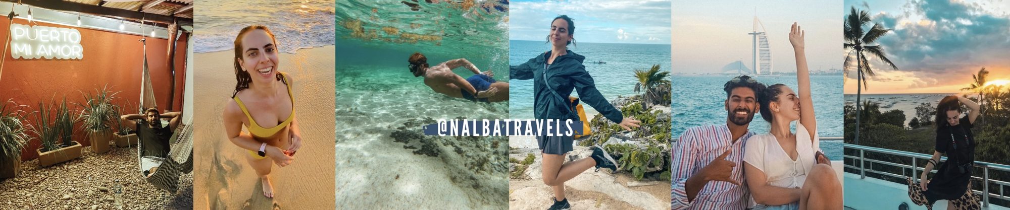 A collage of photos of Nas and Alba travelling the world