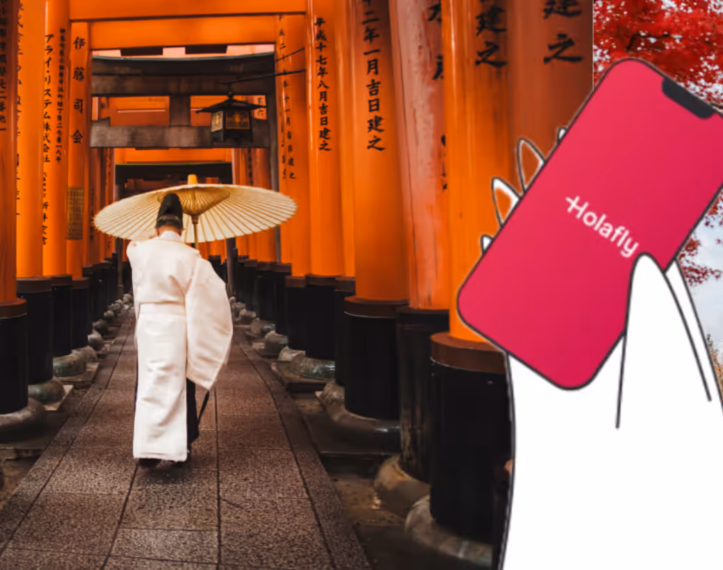 Photos of Japan (a pagoda on the right, and torii gates on the left) with a Holafly phone in the middle of both pgotos